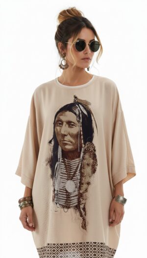 Beiges Oversize Damen Tunika Kleid Indianer Print Beiges Oversize Damen Tunika Kleid mit Indianer Print Großhandel