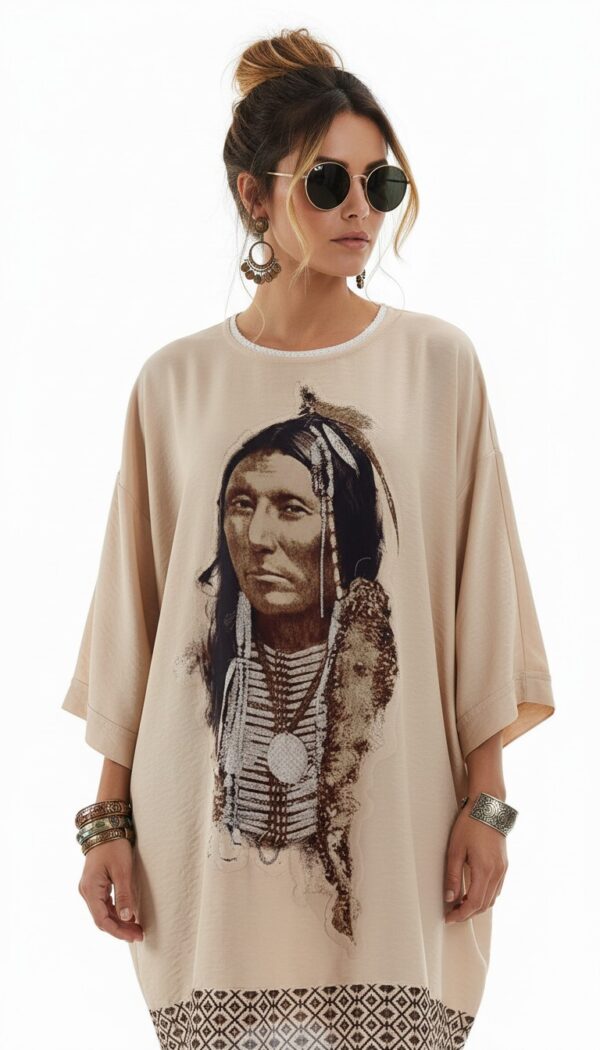 Beiges Oversize Damen Tunika Kleid Indianer Print Beiges Oversize Damen Tunika Kleid mit Indianer Print Großhandel