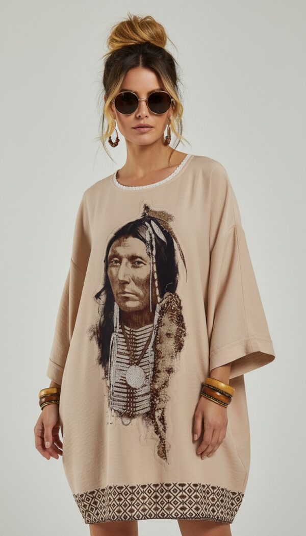 Beiges Oversize Damen Tunika Kleid mit Indianer Print Großhandel (3) (Sanal model) Beiges Oversize Damen Tunika Kleid mit Indianer Print Großhandel