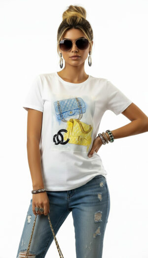 Damen Shirt Weiß mit Strass und Digitaldruck Tasche Print aus Baumwolle mit dekorativen Strassdetails
