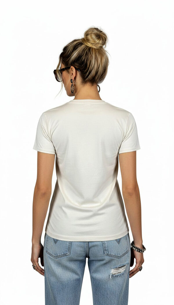 Damen Shirt Weiß mit Strass & Digitaldruck Tasche Print Damen Shirt Weiß mit Strass und Digitaldruck Tasche Print aus Baumwolle mit dekorativen Strassdetails