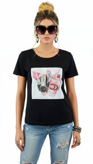 Shirt Schwarz mit Strass Damen Shirt mit Fashion Print und dezenten Strassteinen