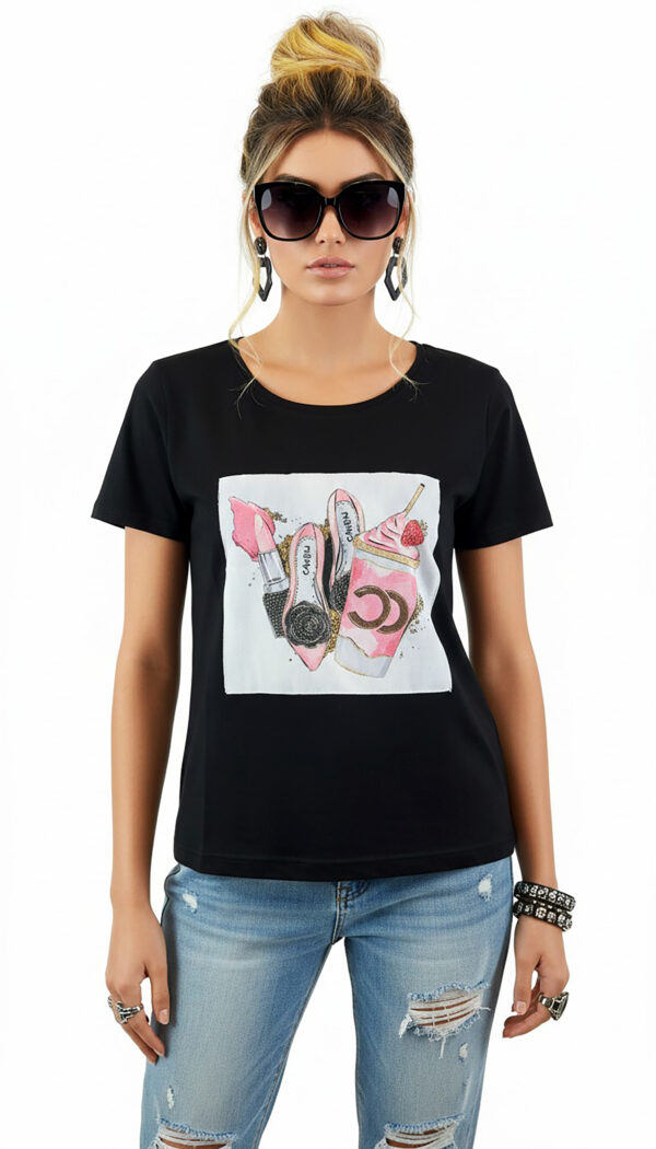 Shirt Schwarz mit Strass Damen Shirt Schwarz mit Strass Damen Shirt mit Fashion Print und dezenten Strassteinen
