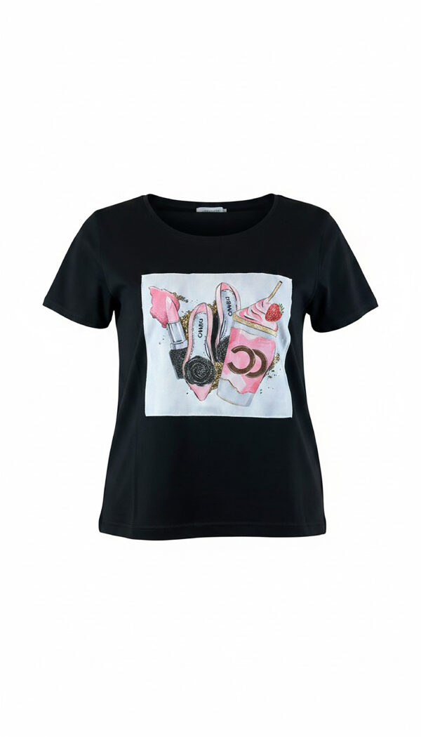 Shirt Schwarz mit Strass Damen Shirt Schwarz mit Strass Damen Shirt mit Fashion Print und dezenten Strassteinen