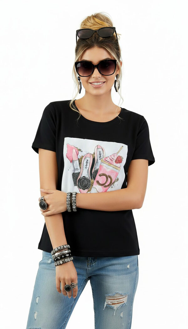 Shirt Schwarz mit Strass Damen Shirt Schwarz mit Strass Damen Shirt mit Fashion Print und dezenten Strassteinen