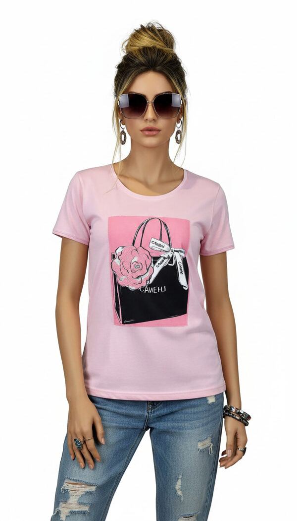 Rosa Boutique Shirt Vorderseite Großhandel Rosa Boutique Shirt mit Fashion Print und Strassteinen vorne
