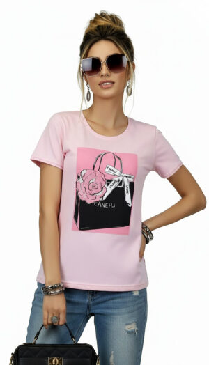 Großhandel Rosa Boutique Shirt mit Fashion Print und Strassteinen vorne