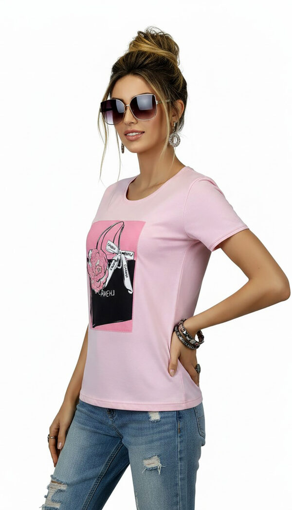 Rosa Boutique Shirt Vorderseite Großhandel Rosa Boutique Shirt mit Fashion Print und Strassteinen vorne