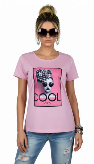 Rosa Damen Shirt mit Fashion Print und dezenten Strassteinen vorne