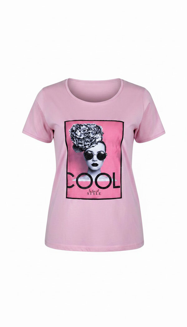 Rosa Damen Shirt Fashion Print Rosa Damen Shirt mit Fashion Print und dezenten Strassteinen vorne