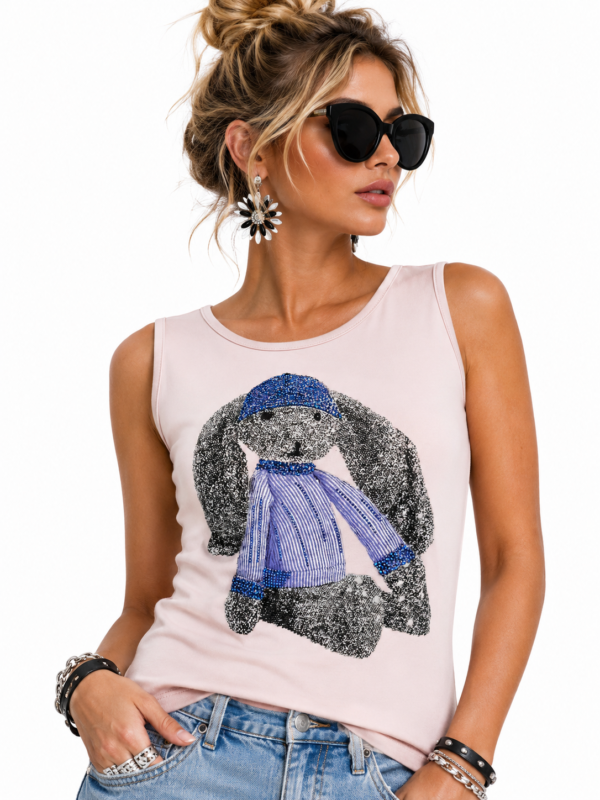 Rosa Damen Top Großhandel Teddy Print Strass Rosa Damen Top Großhandel mit Teddy Print und Strass Vorderansicht