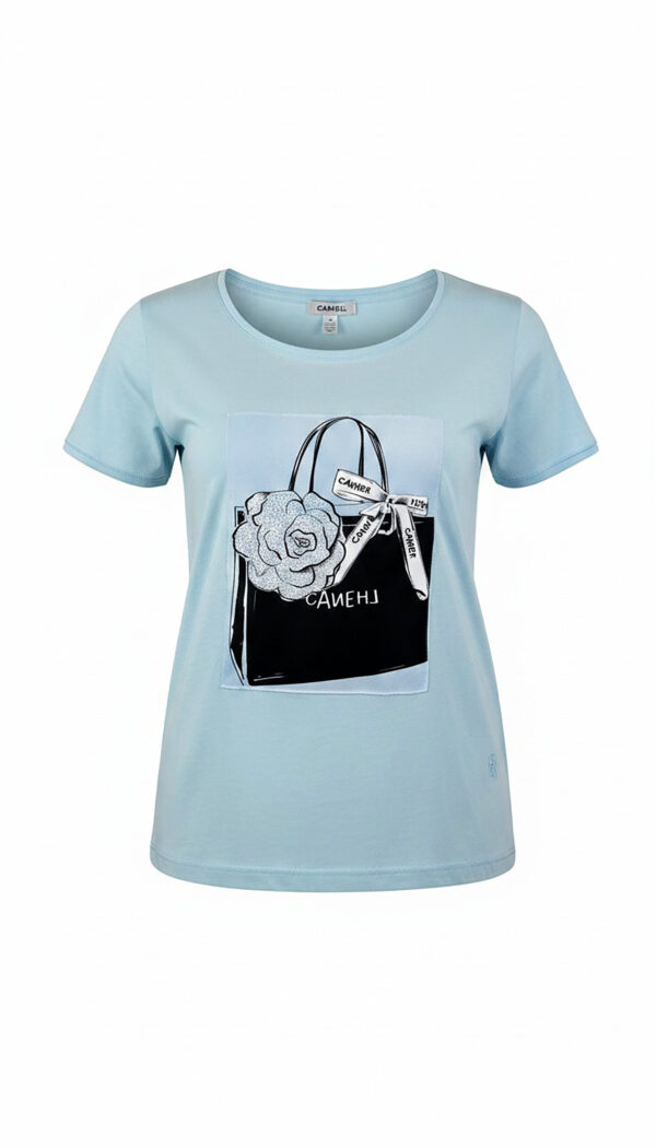Damen Shirt Hellblau mit Strass & Taschen Print Großhandel Hellblaues Damen Shirt mit Strass und Taschen Print für Großhandel aus Baumwolle