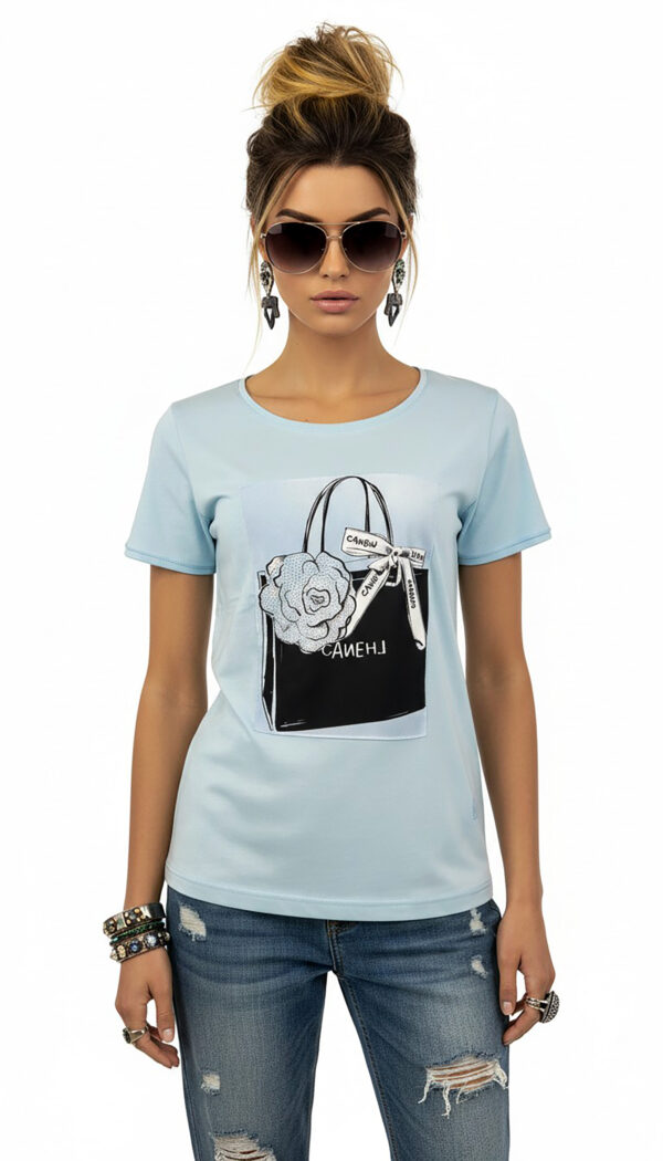 Damen Shirt Hellblau mit Strass & Taschen Print Großhandel Hellblaues Damen Shirt mit Strass und Taschen Print für Großhandel aus Baumwolle
