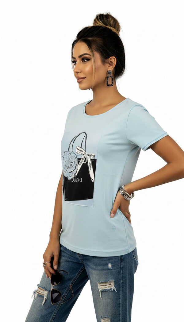 Damen Shirt Hellblau mit Strass & Taschen Print Großhandel Hellblaues Damen Shirt mit Strass und Taschen Print für Großhandel aus Baumwolle