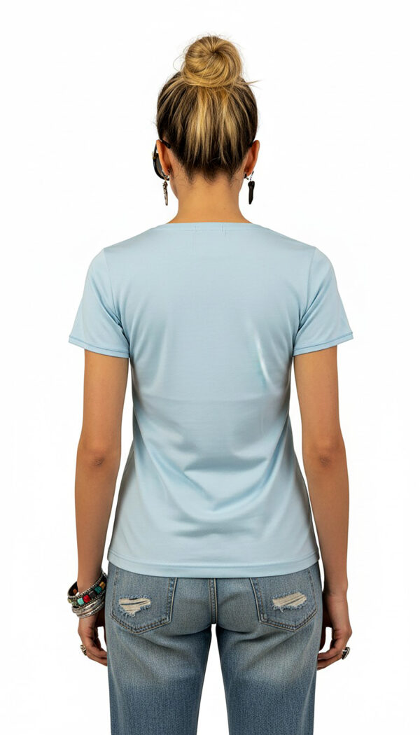 Damen Shirt Hellblau mit Strass & Taschen Print Großhandel Hellblaues Damen Shirt mit Strass und Taschen Print für Großhandel aus Baumwolle