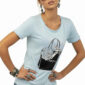Hellblaues Damen Shirt mit Strass und Taschen Print für Großhandel aus Baumwolle