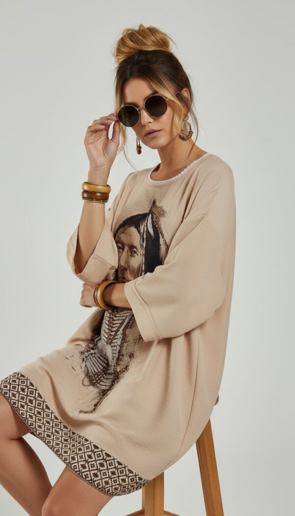 Beiges Oversize Damen Tunika Kleid Indianer Print Beiges Oversize Damen Tunika Kleid mit Indianer Print Großhandel