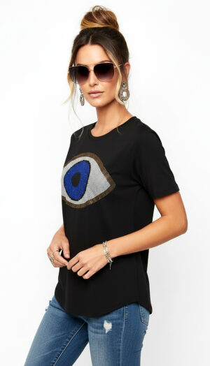 Schwarzes Damen Shirt Großhandel Evil Eye Print Detailansicht