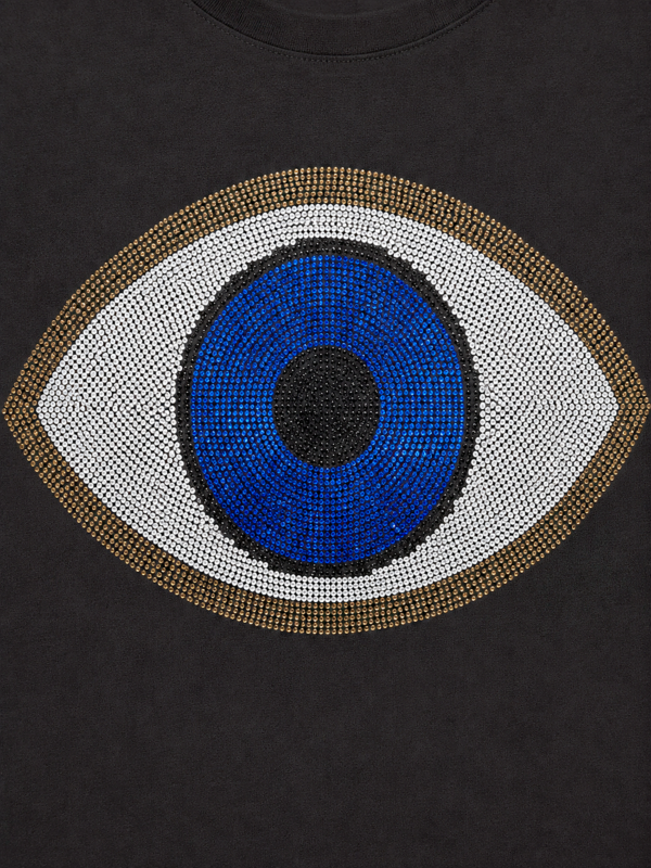 Evil Eye Print Strass Detail Damen Shirt Schwarzes Damen Shirt Großhandel Evil Eye Print Detailansicht