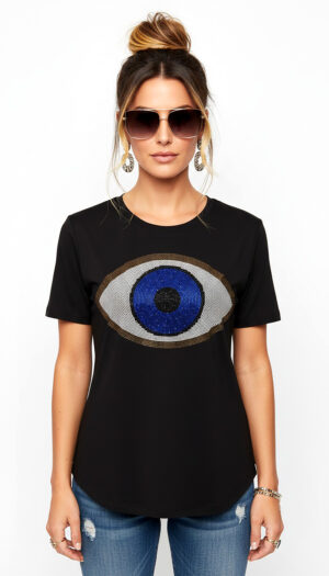 Schwarzes Damen Shirt Großhandel mit Evil Eye Print und Strass Vorderansicht