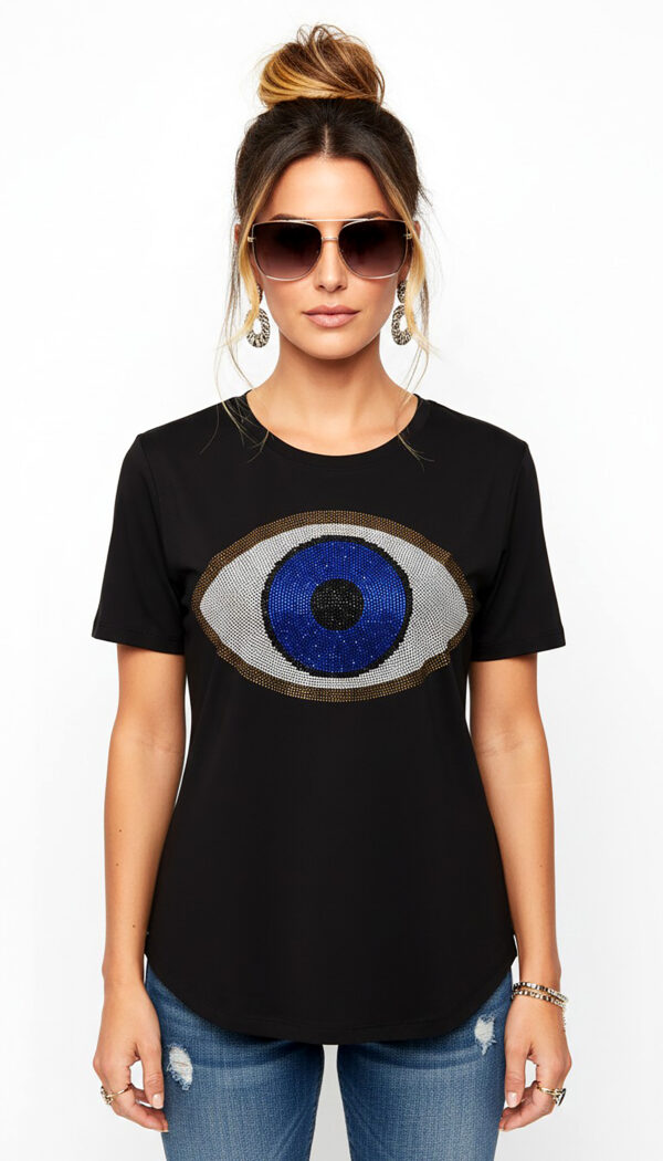 Schwarzes Damen Shirt Großhandel mit Evil Eye Print und Strass Vorderansicht