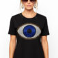 Schwarzes Damen Shirt Großhandel mit Evil Eye Print und Strass Vorderansicht