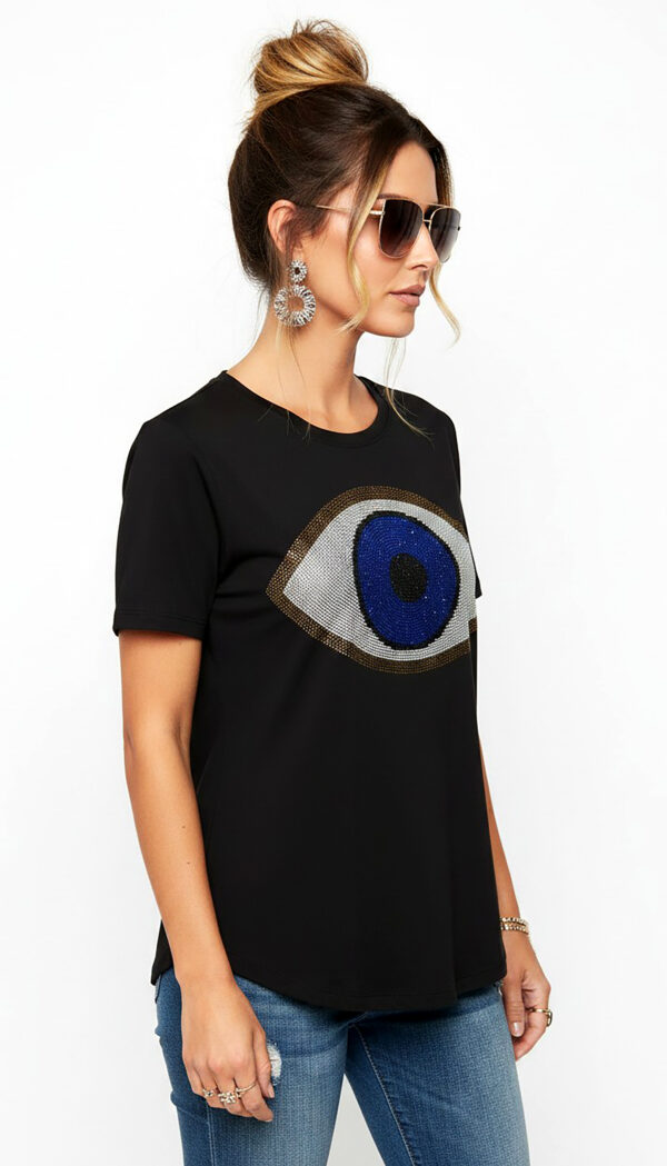 Evil Eye Print Strass Detail Damen Shirt Schwarzes Damen Shirt Großhandel Evil Eye Print Detailansicht