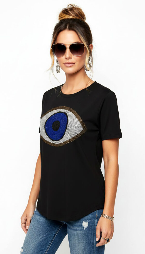 Evil Eye Print Strass Detail Damen Shirt Schwarzes Damen Shirt Großhandel Evil Eye Print Detailansicht