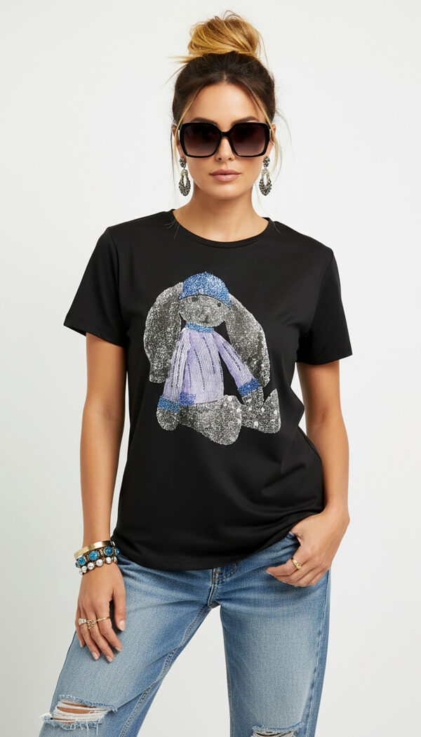 Schwarzes Damen Shirt Großhandel Teddy Print Strass Schwarzes Damen Shirt Großhandel mit Teddy Print und Strass im LOT für Boutique Mode