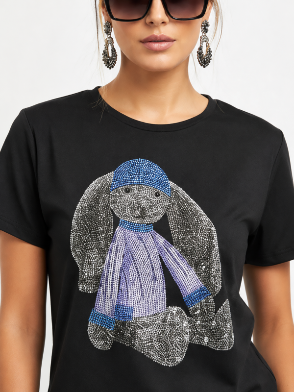 Schwarzes Damen Shirt Großhandel Teddy Print Strass Schwarzes Damen Shirt Großhandel mit Teddy Print und Strass im LOT für Boutique Mode