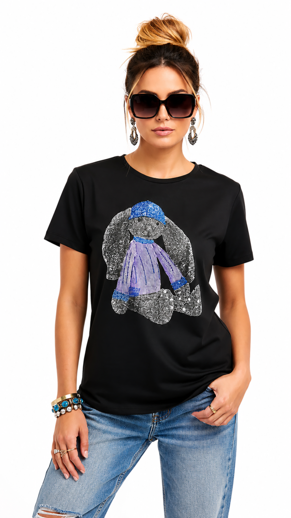 Teddy Print mit Strass auf schwarzem Damen Shirt Großhandel Detailansicht