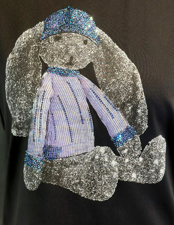 Teddy Print Strass Detail Damen Shirt Teddy Print mit Strass auf schwarzem Damen Shirt Großhandel Detailansicht
