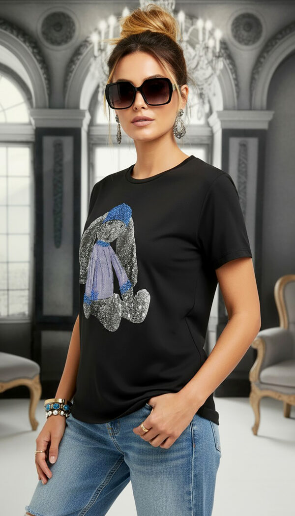 Teddy Print Strass Detail Damen Shirt Teddy Print mit Strass auf schwarzem Damen Shirt Großhandel Detailansicht