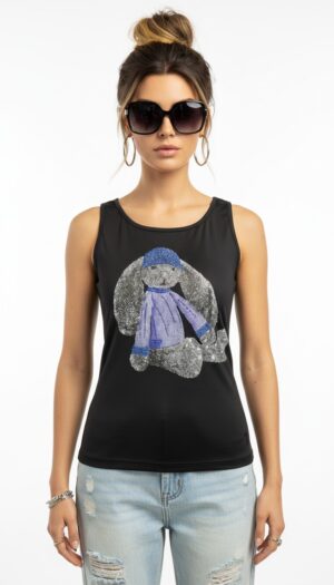 Schwarzes Damen Tank Top mit Strass Hund Print Großhandel Vorderansicht