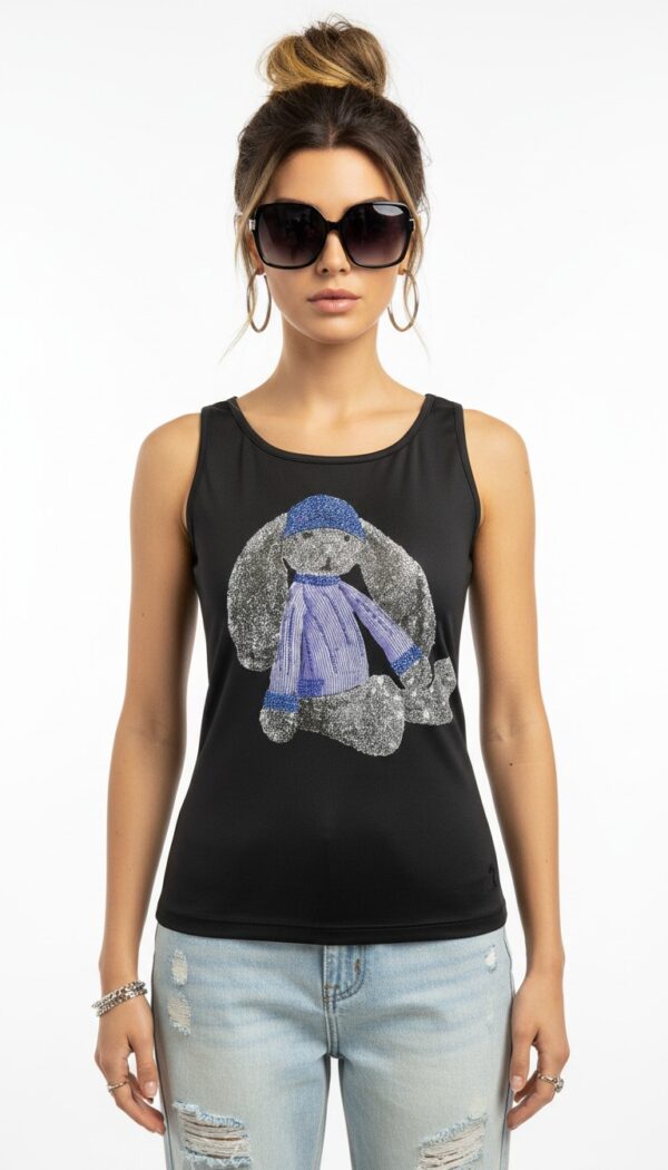Schwarzes Damen Tank Top mit Strass Hund Print Großhandel Vorderansicht