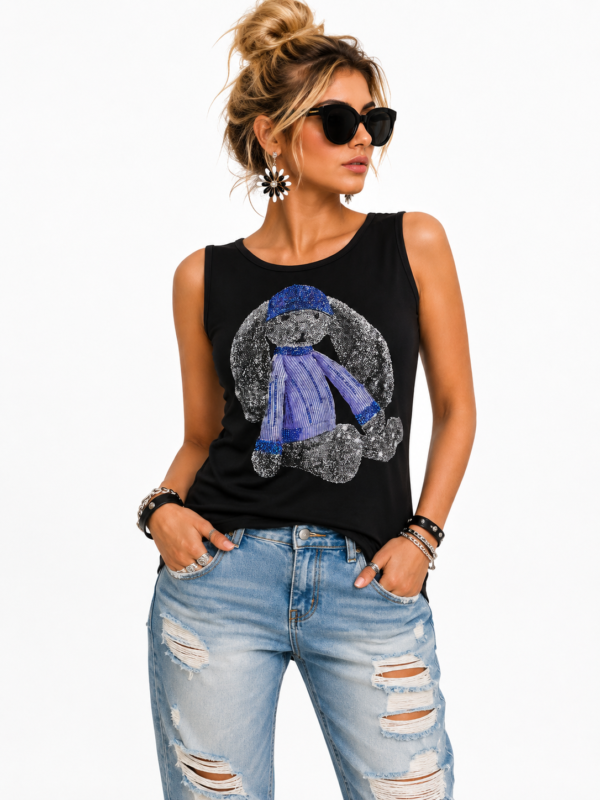 Schwarzes Damen Tank Top Hund Print Großhandel Schwarzes Damen Tank Top mit Strass Hund Print Großhandel Vorderansicht
