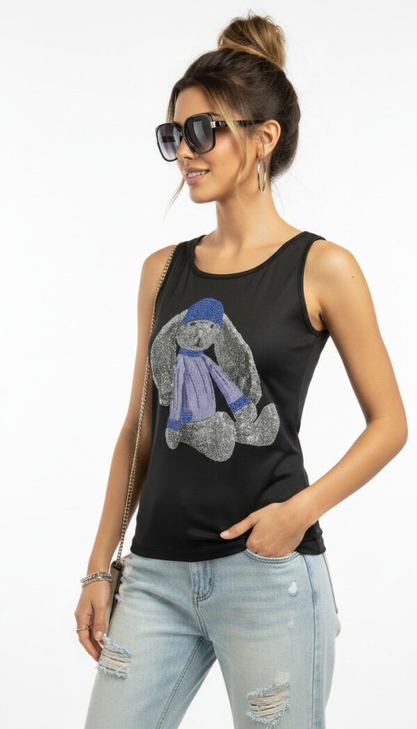 Schwarzes Damen Tank Top Hund Print Großhandel Schwarzes Damen Tank Top mit Strass Hund Print Großhandel Vorderansicht