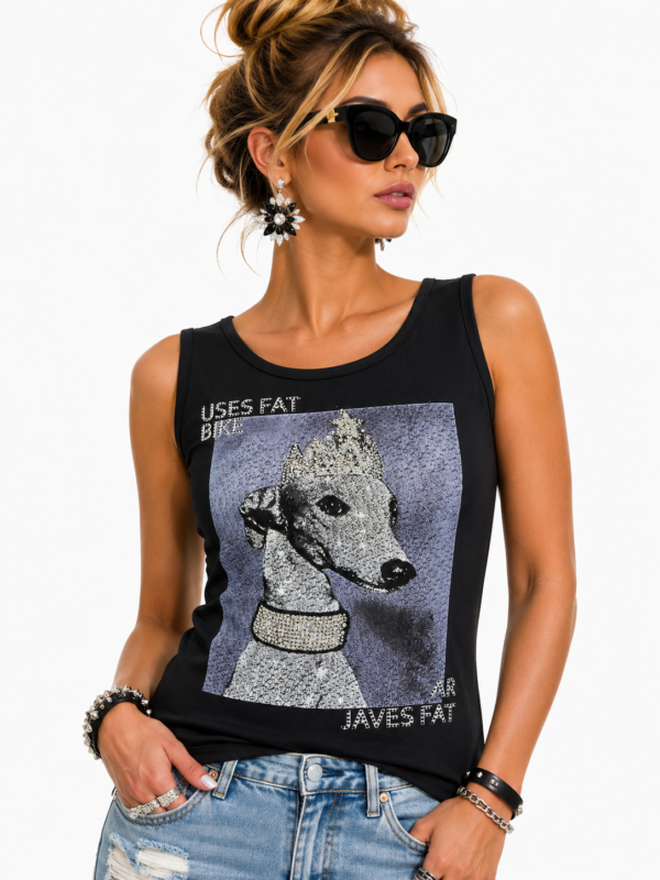 Dog Print Strass Detail Damen Top Schwarzes Damen Top Großhandel Dog Print Detail Strass