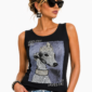 Schwarzes Damen Top Großhandel Dog Print Detail Strass