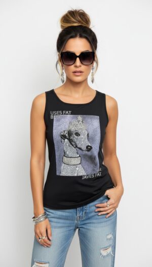 Schwarzes Damen Top Großhandel mit Dog Print und Strass Vorderansicht