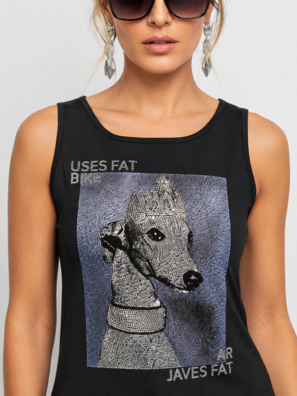 Dog Print Strass Detail Damen Top Schwarzes Damen Top Großhandel Dog Print Detail Strass