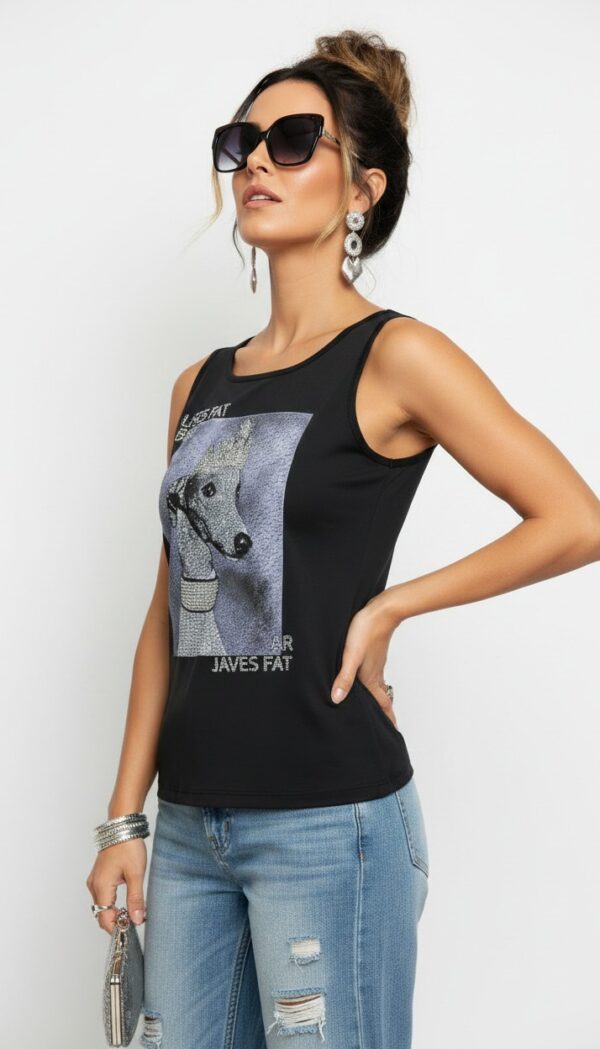 Dog Print Strass Detail Damen Top Schwarzes Damen Top Großhandel Dog Print Detail Strass