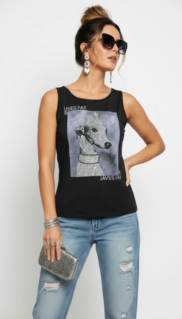 Dog Print Strass Detail Damen Top Schwarzes Damen Top Großhandel Dog Print Detail Strass