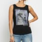 Schwarzes Damen Top Großhandel Dog Print Detail Strass