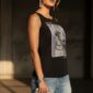 Schwarzes Damen Top Großhandel Dog Print Detail Strass