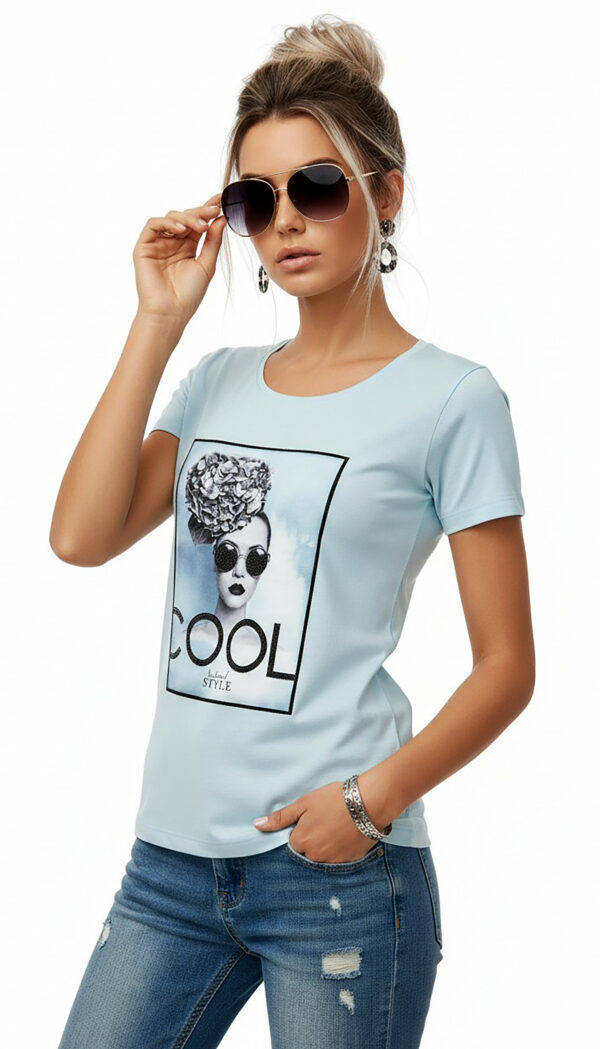 Shirt Hellblau mit Strass COOL Print Shirt Hellblau mit Strass Damen COOL Print Vorderansicht