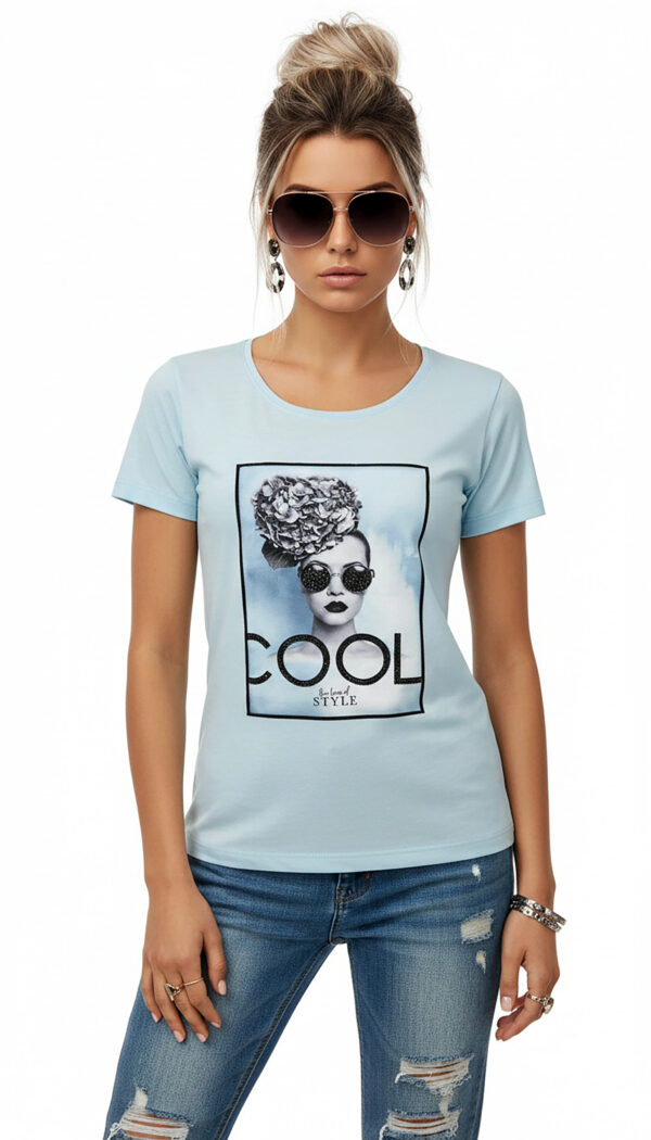 Shirt Hellblau mit Strass Damen COOL Print Vorderansicht