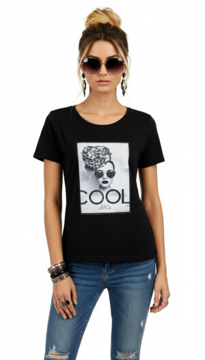 Shirt Schwarz mit Strass Damen Shirt mit Cool Fashion Print und dezenten Strassteinen