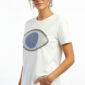 Weißes Damen Shirt Großhandel Evil Eye Print Detail Strass