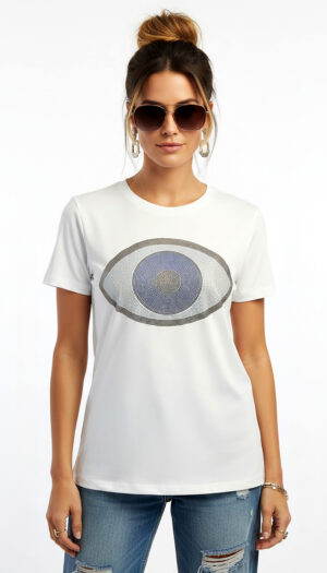 Weißes Damen Shirt Großhandel mit Evil Eye Print und Strass Vorderansicht